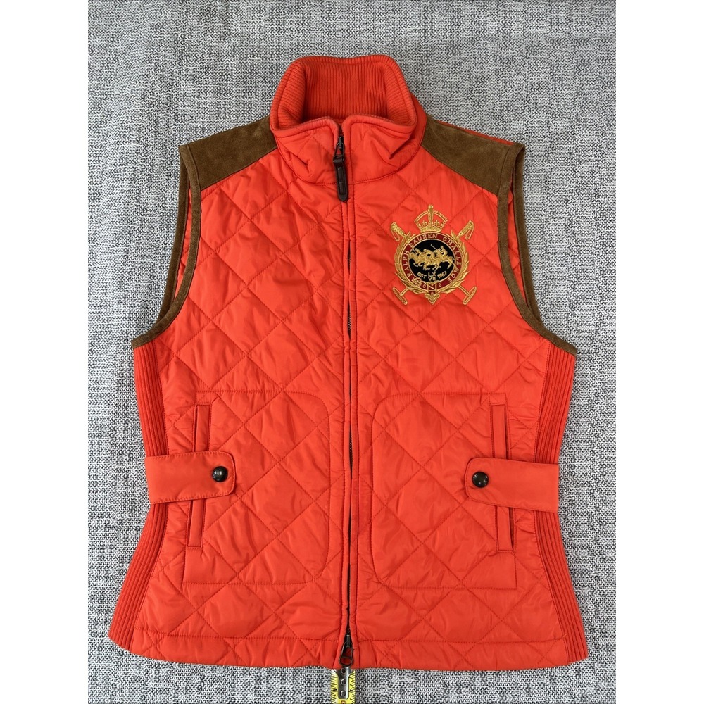 Ralph Lauren Sport Vest Women M Orange Quilt Equestrian Crest Suede Trim Riding